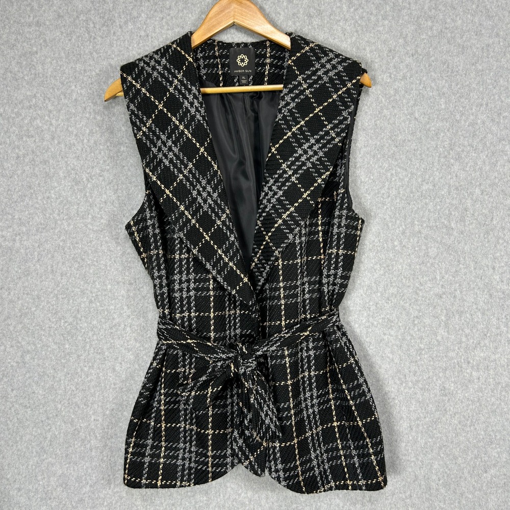 Amber Sun Belted Vest Black Gray Plaid Tweed Sleeveless Tie Waist Blazer Size XL